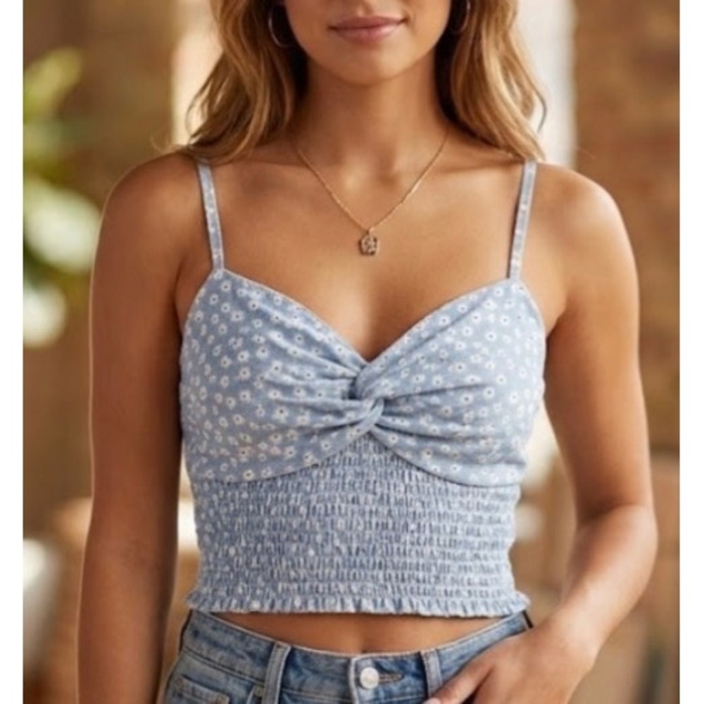 AE VTG inspired Ditsy Floral Smocked Crop Top Light Blue Twist Front Camisole M